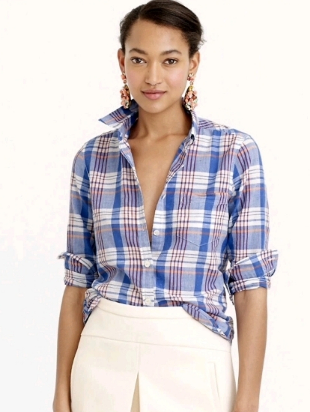 j. crew textured 100% cotton shirt blue plaid women's size 6